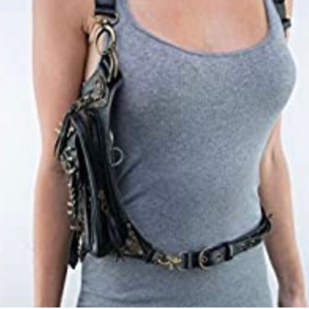 Black Leather Crossbody Bag with Gold Accents‎ Biker Goth Steampunk New No Tags
